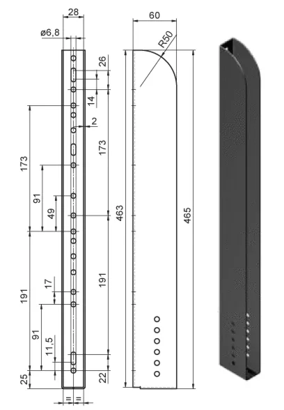 465x25 mm festett szegecselhető deszkatartó zseb